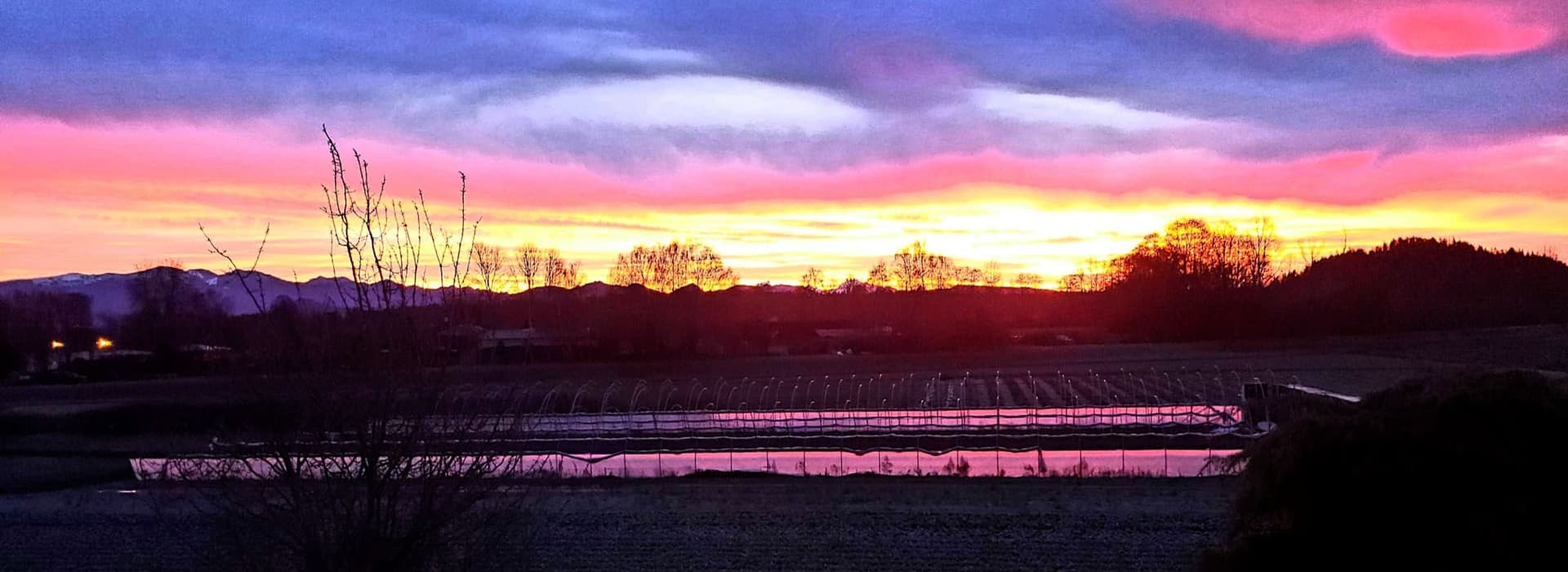 A vibrant sunset paints the sky in hues of pink, orange, and purple over a tranquil landscape with reflections in the water.
