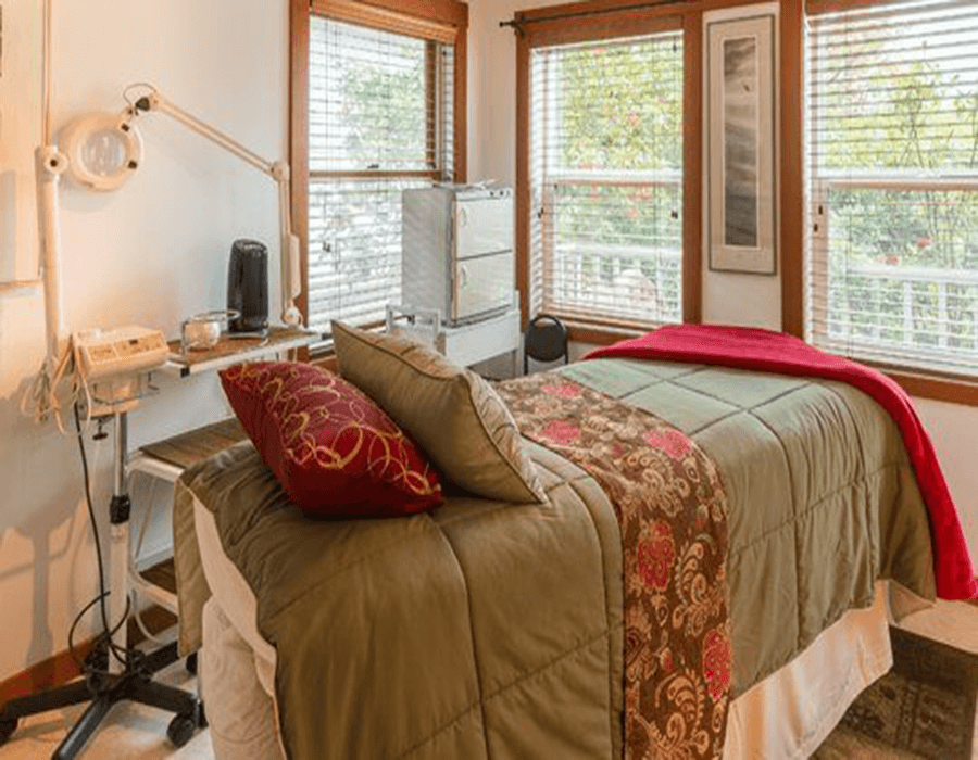 A cozy bedroom featuring a bed with decorative pillows, a work desk, and large windows with natural light.